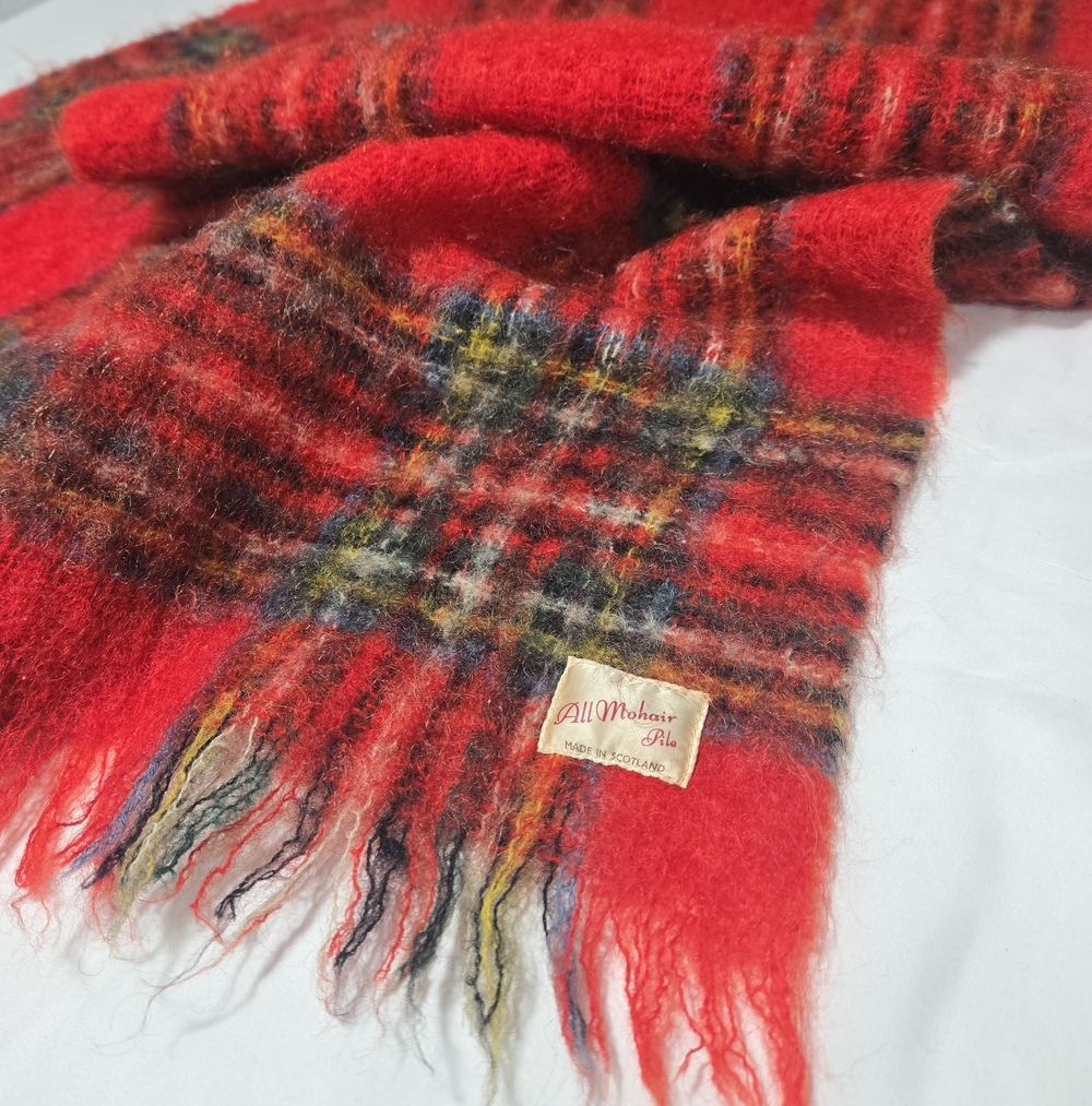 VTG 70s Mohair Fringe Plaid Tartan Scotland Oversized Scarf Wrap Heritage